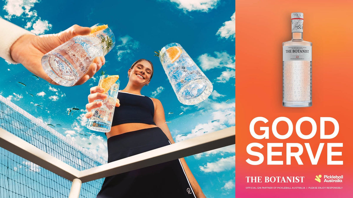 The Botanist Good Serve campaign, gin and tonics raised over a pickleball net with a player in Rallee kit