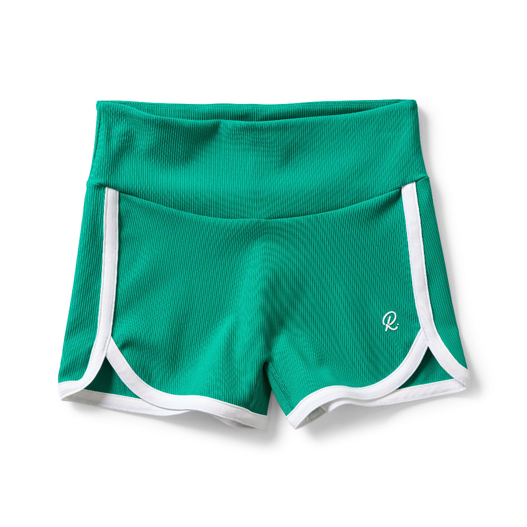 Green shorts with white trim on a white background