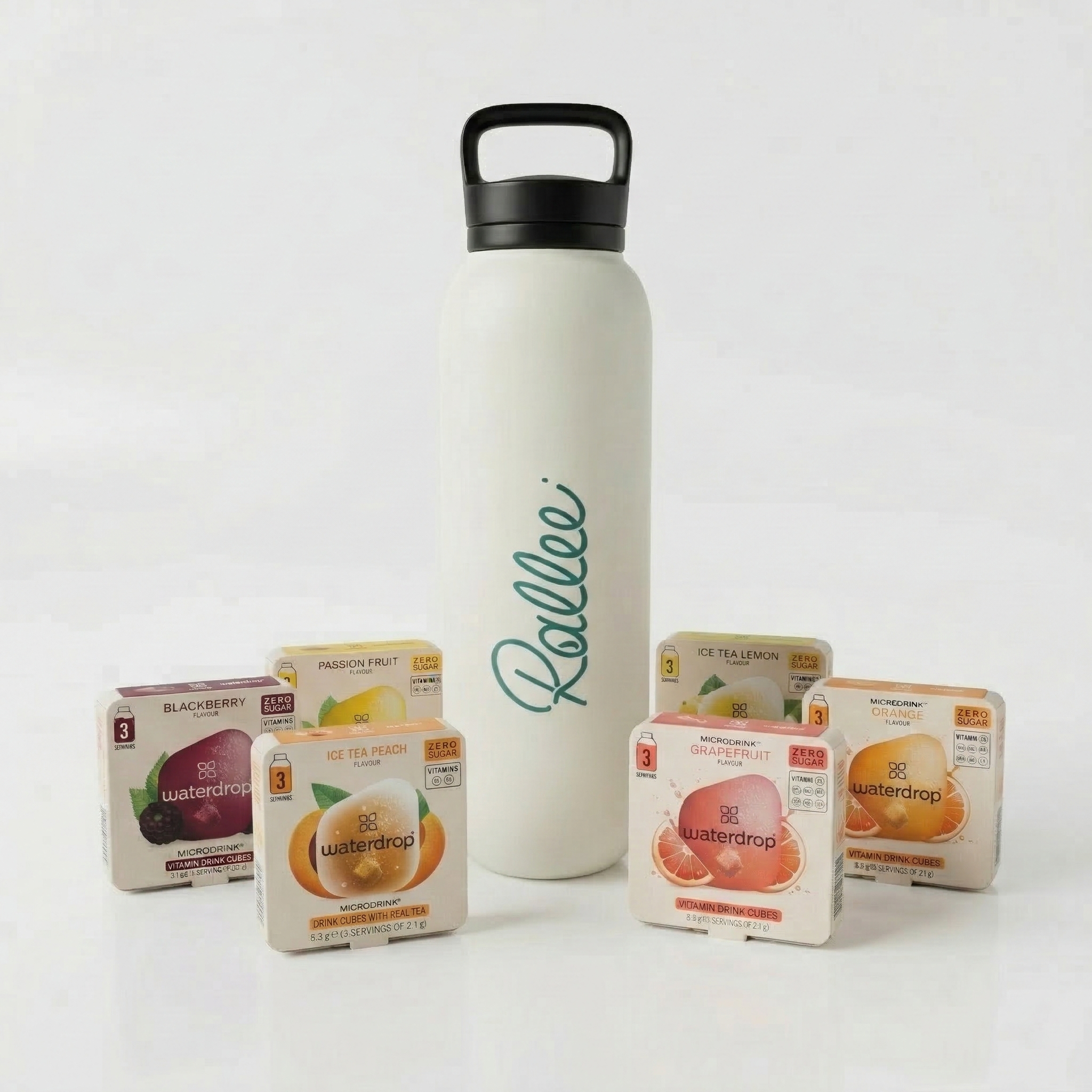 White water bottle with 'Rallee' branding and multiple boxes of 'Waterdrop' drink cubes
on a white background