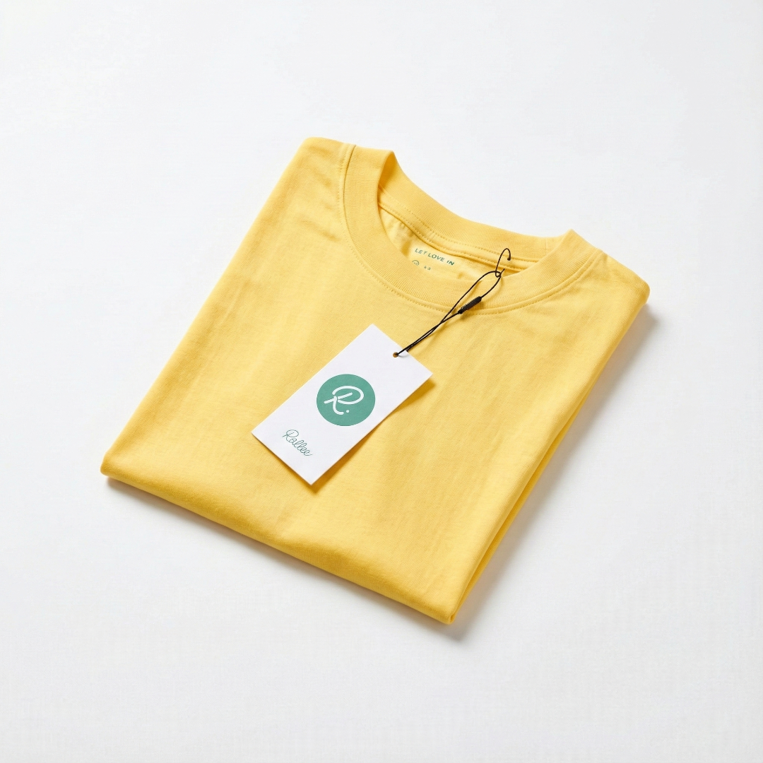 Folded yellow shirt with a tag on a white background