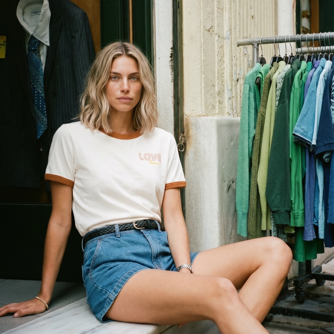 Woman sitting on a ledge in front of a clothing store with racks of clothes.