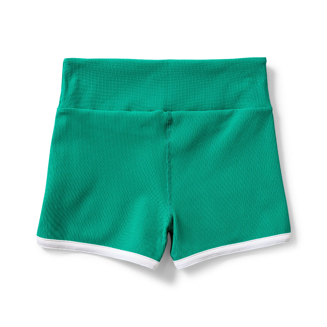 Green shorts with white trim on a white background