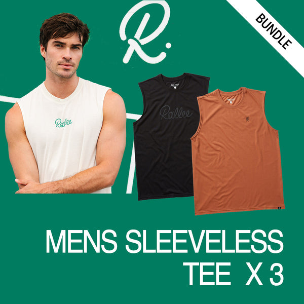 Promotional graphic for a men's sleeveless tee bundle, showing a male model wearing a white sleeveless top on the left, with two additional sleeveless shirts displayed on the right: one black and one rust orange. The background is solid green with a white stylized 'R.