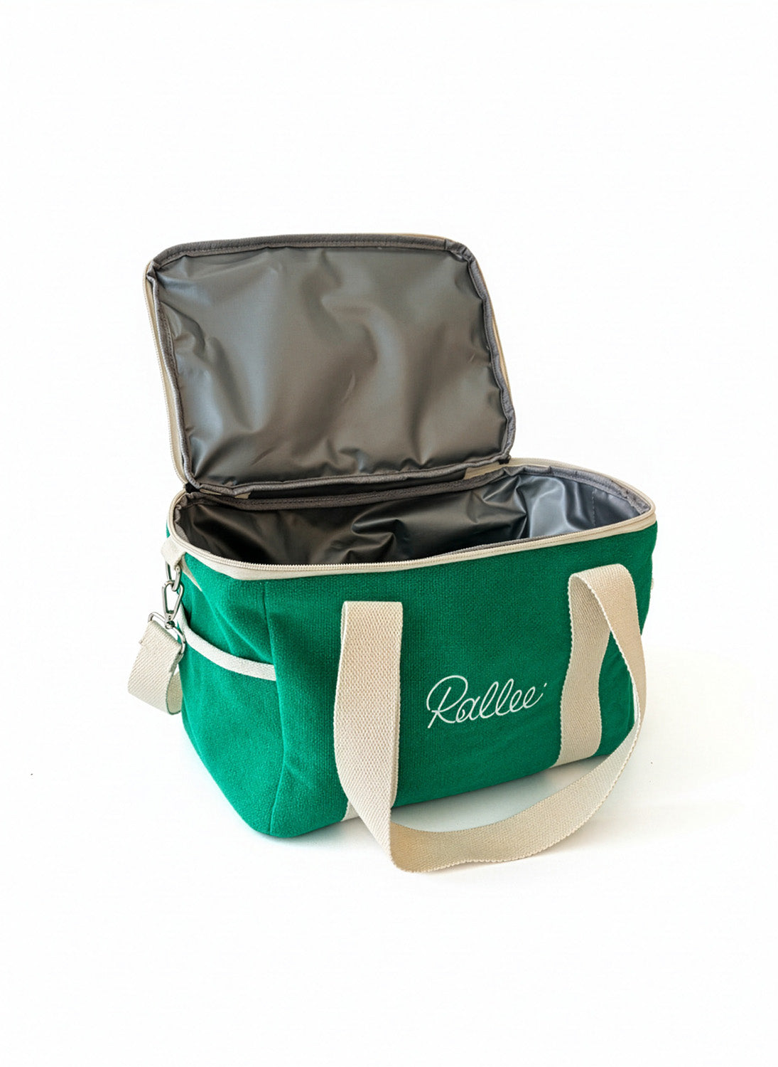 Green cooler bag with 'Rallee' branding on a white background