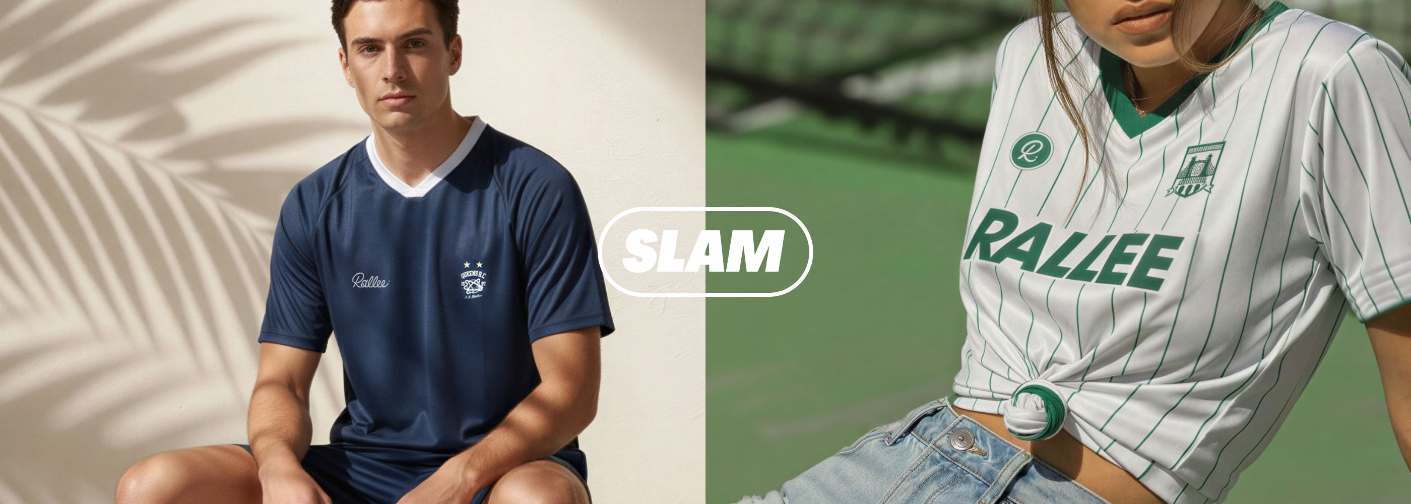 Two young people wearing tennis jerseys with 'SLAM' and 'RALLEE' branding on a tennis court background.